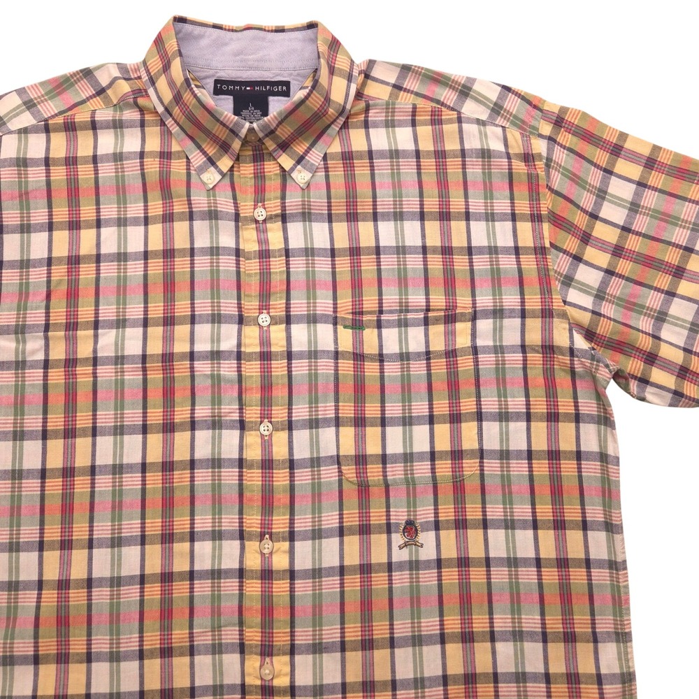 Tommy Hilfiger Plaid Button Short Sleeve‎ Shirt Crest Embroidered Tan Mens Large